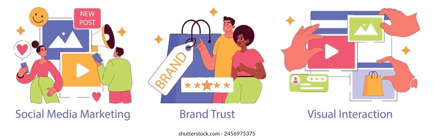Conjunto de compromiso milenario. Navegar por el marketing de redes sociales, fomentar la confianza de la marca y mejorar la interacción visual. Comportamiento del consumidor digital. Ilustración vectorial.