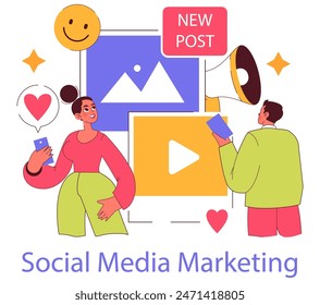 Millennial engagement in social media marketing. Young adults using digital platforms for content sharing and brand promotion. Vector illustration.