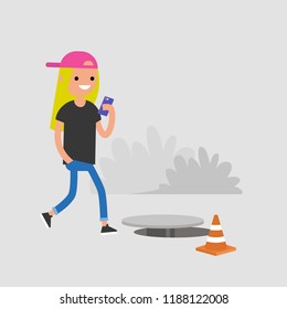 Millennial female character addicted to smartphone. Nomophobia. Open canalization hatch. Flat editable vector illustration, clip art