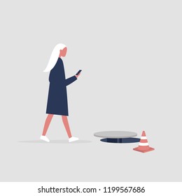 Millennial female character addicted to smartphone. Nomophobia. Open canalization hatch. Flat editable vector illustration, clip art