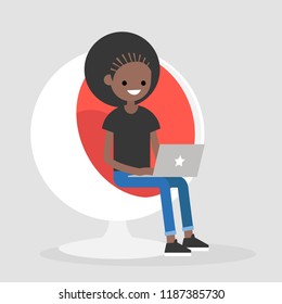 Millennial female character sitting in a sphere chair and holding a laptop. Office Interior. Manager at work. Flat editable vector illustration, clip art