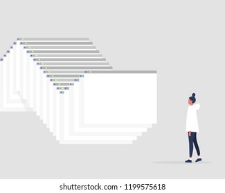 Millennial female character working with the information. Data analysis. Browser tabs. New technologies. Internet. Flat editable vector illustration, clip art