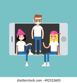 Millennial friends sitting and standing inside the smart phone concept / Editable flat vector illustration