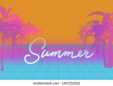 Millennial Gen Y early 80s-90s Vaporwave retro style background. Retrofuturistic neon print with palm trees and ultraviolet lamp signboard "Summer".