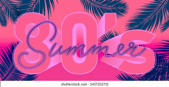 Millennial Gen Y early 80s-90s Vaporwave retro style background. Retrofuturistic neon print with palm trees and ultraviolet lamp signboard "Summer".