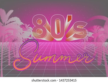 Millennial Gen Y early 80s-90s Vaporwave retro style background. Retrofuturistic neon print with palm trees and ultraviolet lamp signboard "Summer".