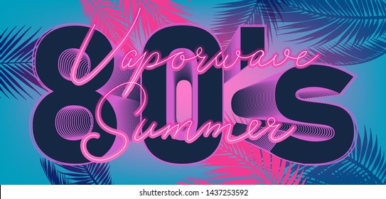 Millennial Gen Y early 80s-90s Vaporwave retro style background. Retrofuturistic neon print with palm leaves and ultraviolet lamp signboard "Summer".