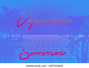 Millennial Gen Y early 80s-90s Vaporwave retro style background. Retrofuturistic neon print with palm trees and ultraviolet lamp signboard "Summer".