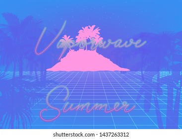 Millennial Gen Y early 80s-90s Vaporwave/ Retrowave/ Synthwave retro style background. Retrofuturistic neon print with palm trees, perspective laser grid and ultraviolet lamp signboard "Summer".