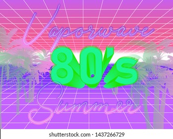 Millennial Gen Y early 80s-90s Vaporwave/ Retrowave/ Synthwave retro style background. Retrofuturistic neon print with palm trees, perspective laser grid and ultraviolet lamp signboard "Summer".