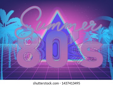 Millennial Gen Y early 80s-90s Vaporwave/ Retrowave/ Synthwave retro style background. Retrofuturistic neon print with palm trees, perspective laser grid and ultraviolet lamp signboard "Summer".