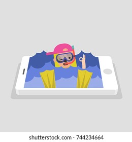 Millennial generation, conceptual illustration. Young character wearing a mask, tube and flippers in a swimming pool. Advanced user of the new technologies. Scuba diving. Snorkeling. Internet diving.