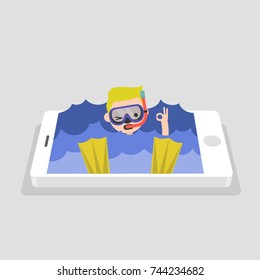 Millennial generation, conceptual illustration. Young character wearing a mask, tube and flippers in a swimming pool. Advanced user of the new technologies. Scuba diving. Snorkeling. Internet diving.