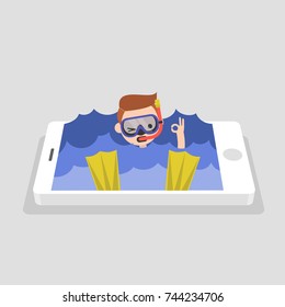 Millennial generation, conceptual illustration. Young character wearing a mask, tube and flippers in a swimming pool. Advanced user of the new technologies. Scuba diving. Snorkeling. Internet diving.