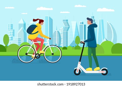 Millennial girl and boy riding electric scooter and bike in city park. Urban outdoor eco-friendly transport. Young people sharing vehicles. Active recreation on street. Bicycle vector eps illustration