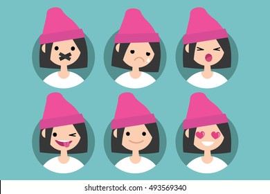 Millennial girl profile pics / Set of flat vector portraits: taped mouth, crying, yelling, winking and showing tongue, smiling, in love
