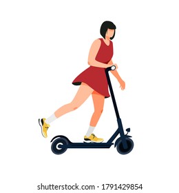 Millennial girl riding  electric kick scooter vector illustration. Eco friendly flat style urban vehicle. Sharing service. E-scooter isolated on white background.