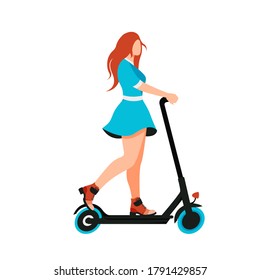 Millennial girl riding  electric kick scooter vector illustration. Eco friendly flat style urban vehicle. Sharing service. E-scooter isolated on white background.