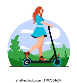 Niña millonaria montando patada eléctrica scooter ilustración vectorial. Vehículo urbano ecológico de estilo plano. Servicio compartido. E-scooter aislado sobre fondo blanco.