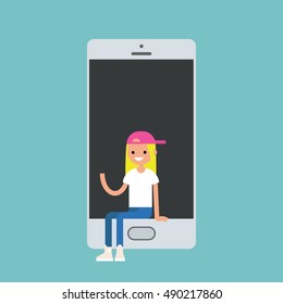 Millennial girl sitting inside the smart phone and waving her hand concept / Editable flat vector illustration