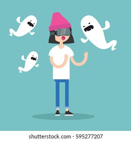 Millennial girl surrounded by virtual ghosts / flat editable vector illustration, clip art