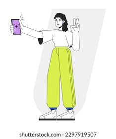 Niña milenaria tomando selfie ilustración de la mancha portadora de línea plana de cuerpo completo. Adolescente posando en la cámara del teléfono personaje de contorno de dibujos animados 2D sobre blanco para el diseño de interfaz de usuario web. Imagen editable de héroe de color aislado y colorido