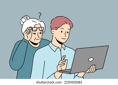 Millennial grandson help confused older grandmother with laptop problem. Caring guy assist mature grandma with compute. Elderly and technology. Vector illustration. 