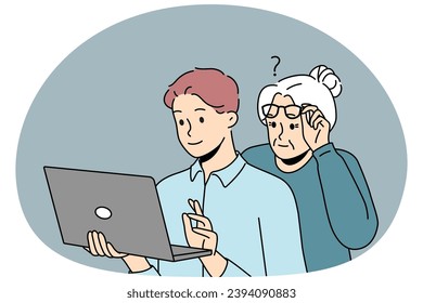 Millennial grandson help confused older grandmother with laptop problem. Caring guy assist mature grandma with compute. Elderly and technology. Vector illustration.