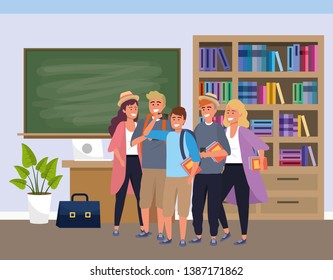 Millennial group on study room background