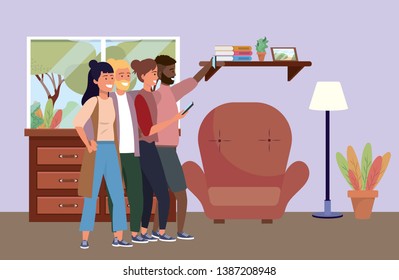 Millennial group smartphone taking selfie background