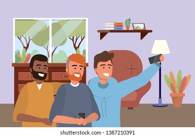 Millennial group smartphone taking selfie indoors background