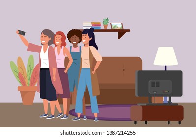 Millennial group smartphone taking selfie background