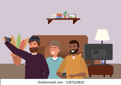 Millennial group smartphone taking selfie indoors background