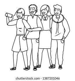 Millennial group taking selfie black and white
