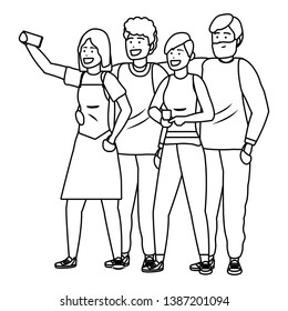 Millennial group taking selfie black and white