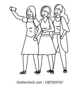 Millennial group taking selfie black and white