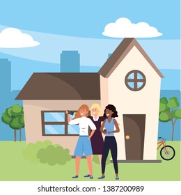 Millennial group taking selfie house porch background