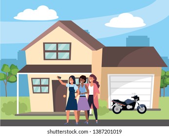 Millennial group taking selfie house porch background