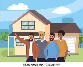Millennial group taking selfie house background