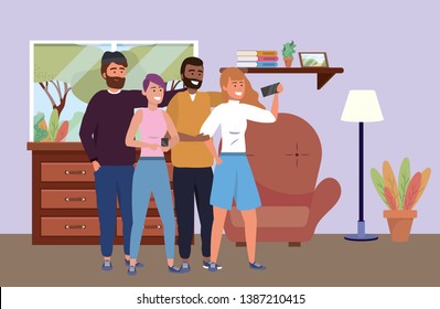Millennial group taking selfie indoors background
