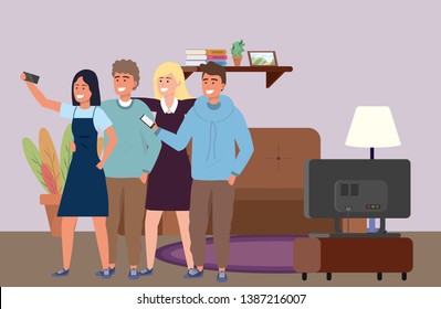 Millennial group taking selfie indoors background