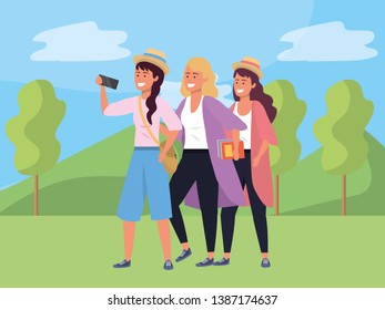 Millennial group taking selfie nature background