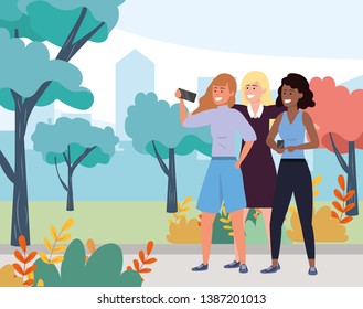 Millennial group taking selfie nature background