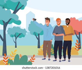 Millennial group taking selfie nature background