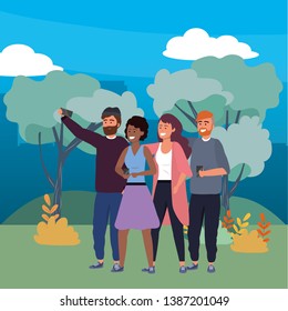 Millennial group taking selfie nature background