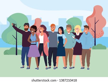 Millennial group taking selfie park background