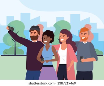 Millennial group taking selfie park background