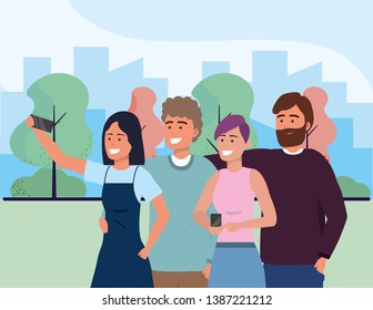 Millennial group taking selfie park background