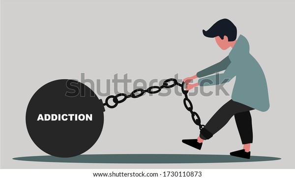 Millennial guy wearing ball and chain with word\
ADDICTION against grey background, vector illustration in flat\
style. Panorama