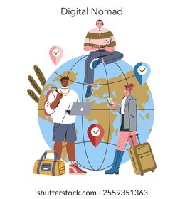 Millennial Hobbies concept. Digital nomads work and travel, illustrated with a globe, tech gadgets, and check-in points. Remote work flexibility. Vector illustration.